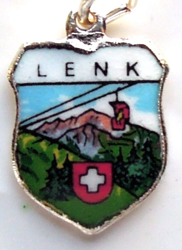 LENK, Switzerland - Ski Tram & Flag - Enamel Travel Shield Charm